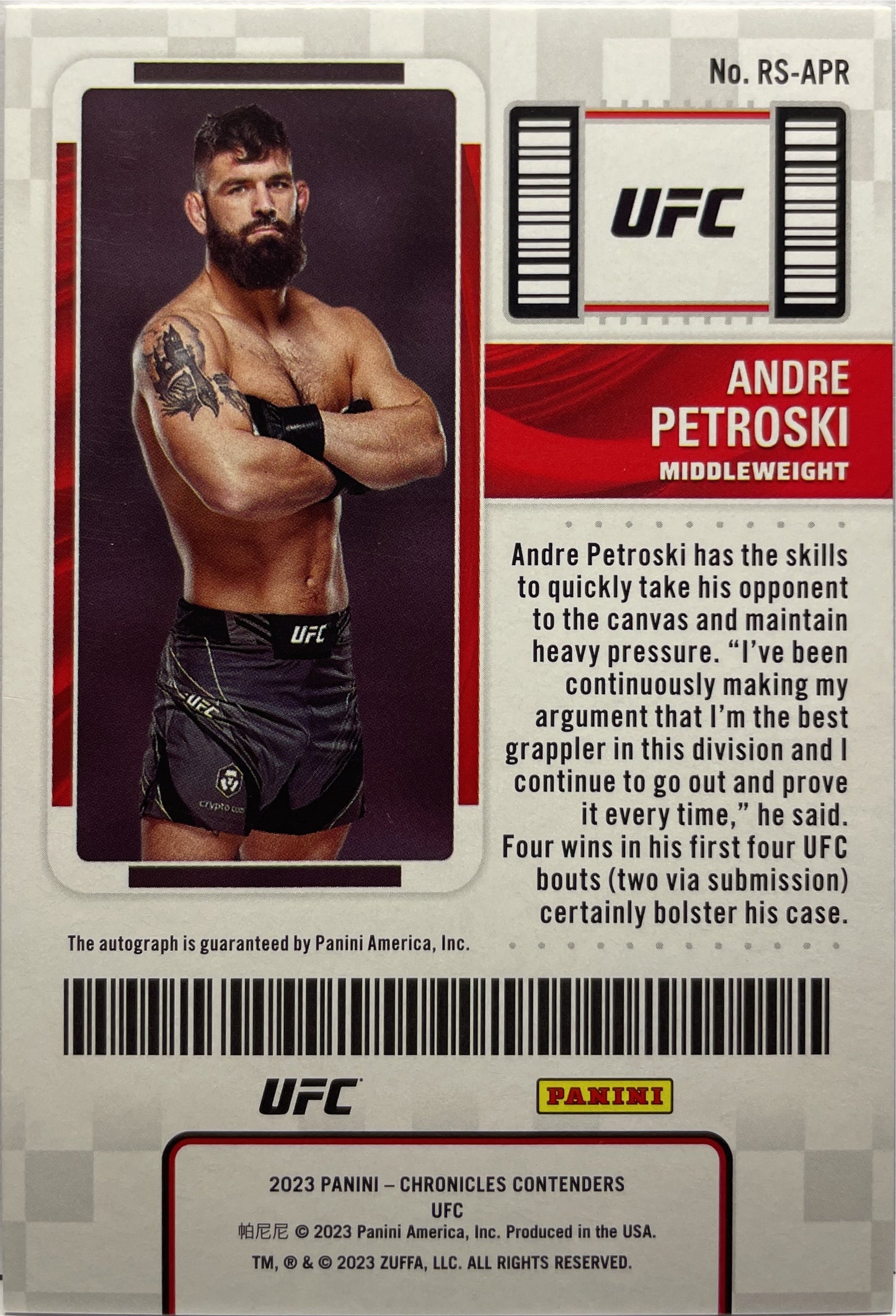 Andre Petroski 9/25 Autograph Rookie Ticket Cracked Ice Chronicles UFC 2023