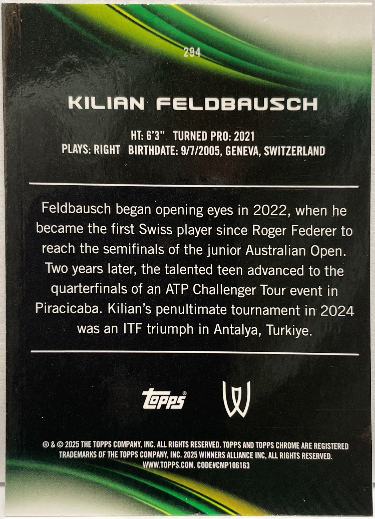Kilian Feldbausch 73/150 Blue Topps Chrome Tennis 2025