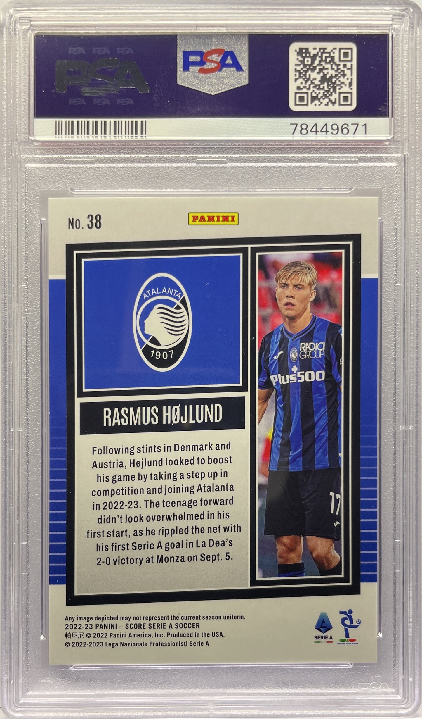 PSA 10 - Rasmus Hojlund 3/15 Rookie Purple Laser - Score Serie A 2022/23