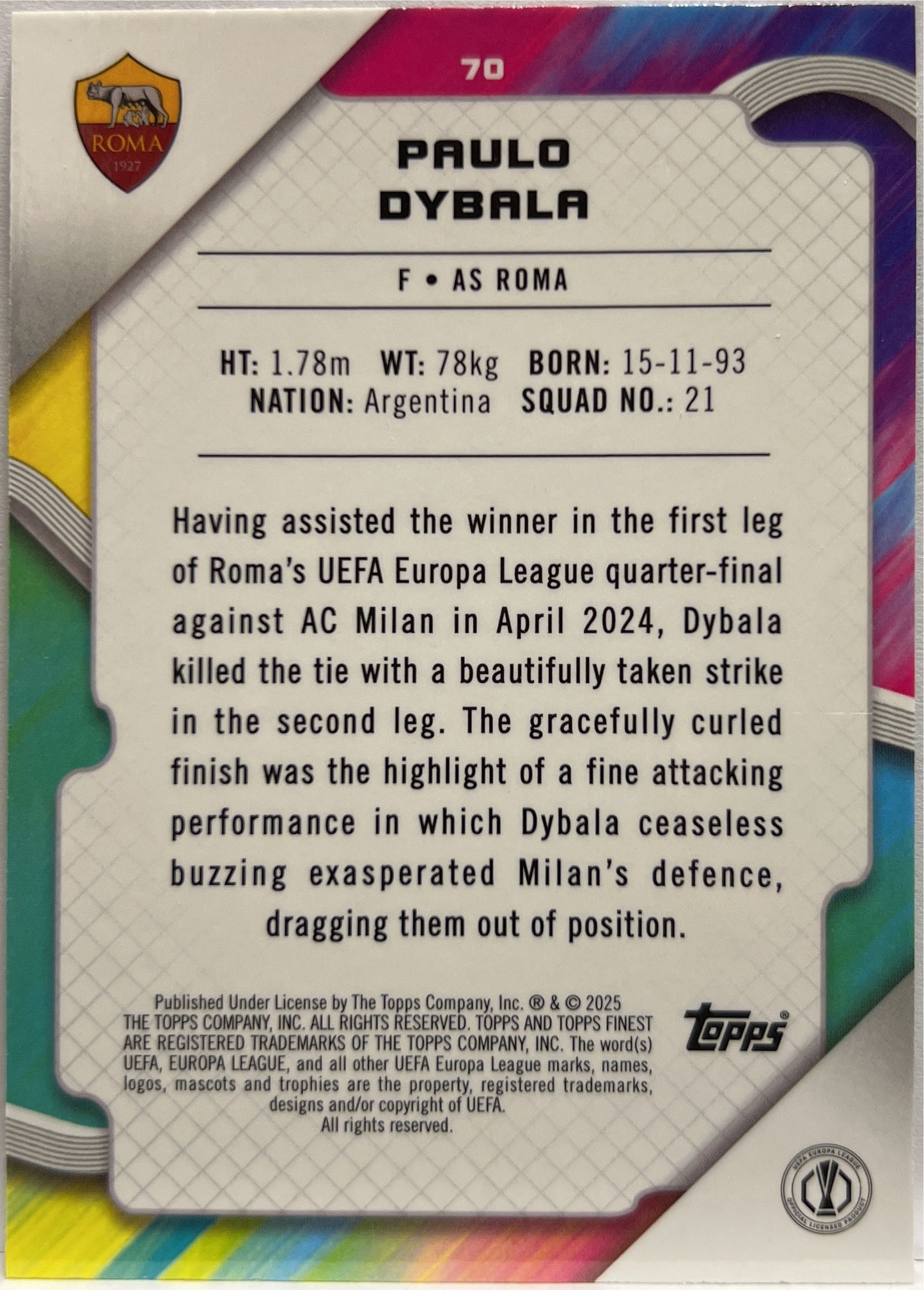 Paulo Dybala 86/99 Green Topps Finest UCC 2024/25