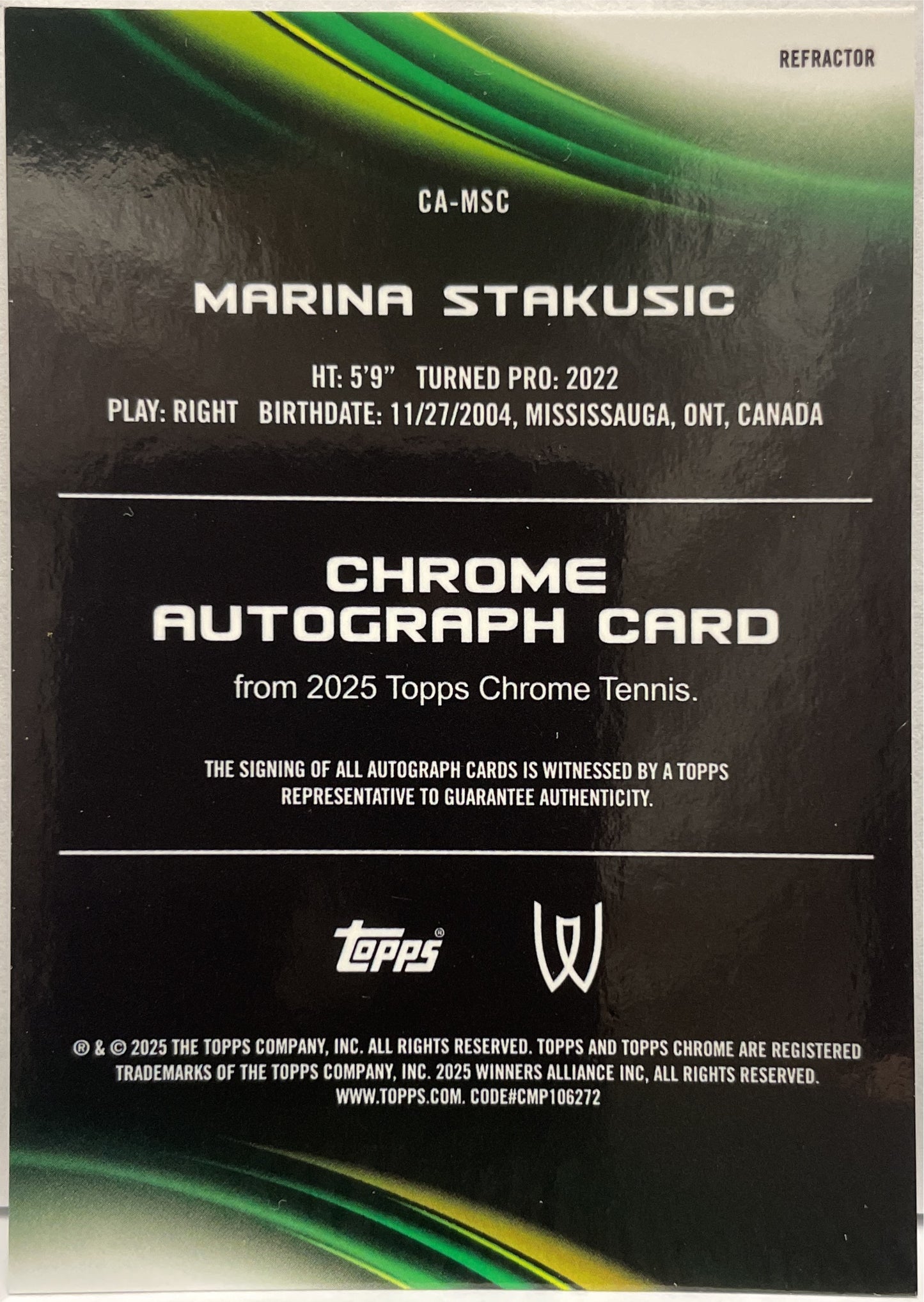 Marina Stakusic Rookie Autograph Refractor Topps Chrome Tennis 2025