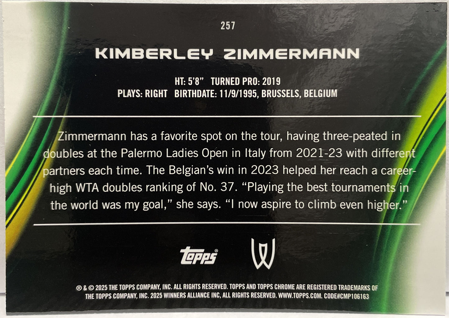 Kimberley Zimmermann 153/199 1ST Aqua Topps Chrome Tennis 2025