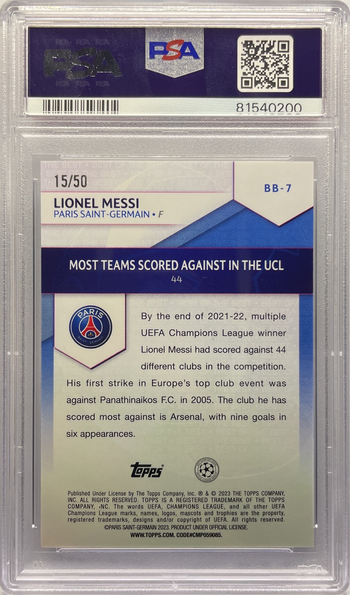 PSA 9 - Lionel Messi 15/50 Best Of The Best Gold - Topps UCC 2022/23