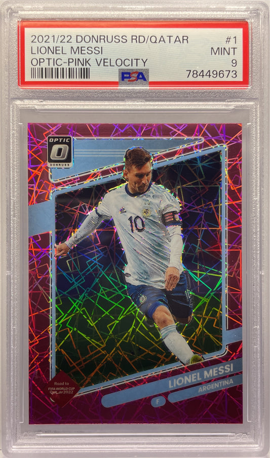 PSA 9 - Lionel Messi 12/25 Optic Pink Velocity - Donruss Road To Qatar 2021/22