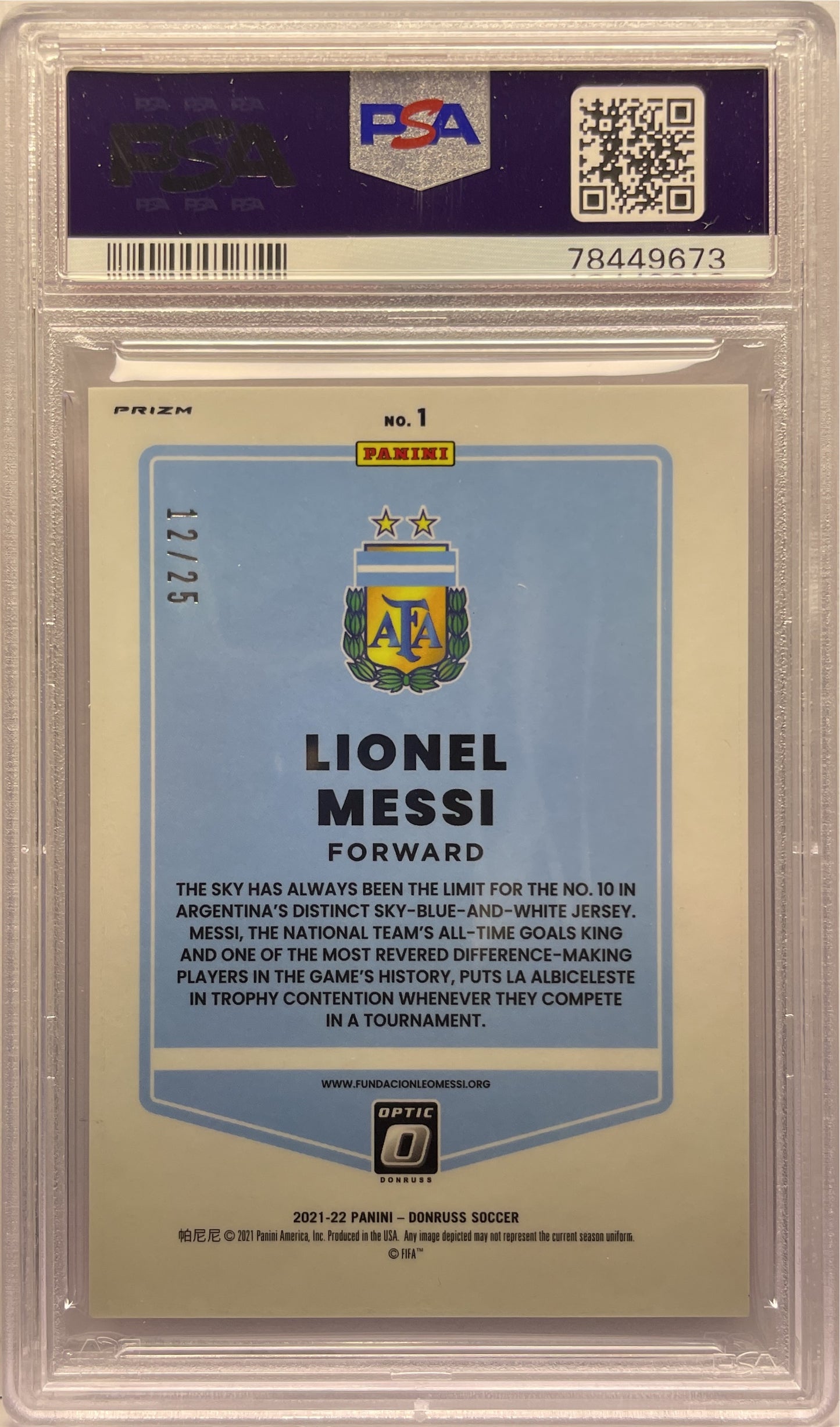 PSA 9 - Lionel Messi 12/25 Optic Pink Velocity - Donruss Road To Qatar 2021/22