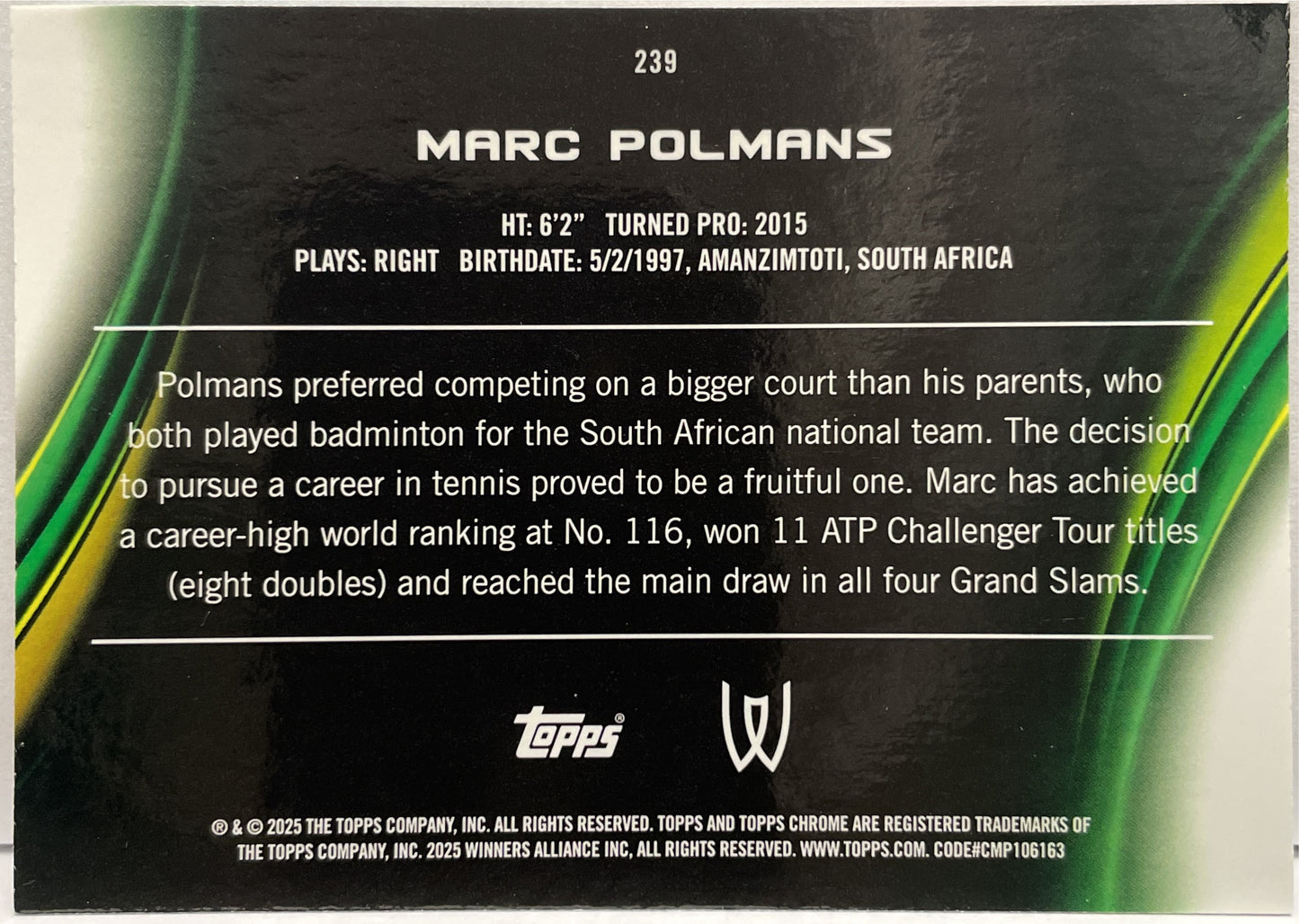 Marc Polmans 32/199 1ST Aqua Topps Chrome Tennis 2025
