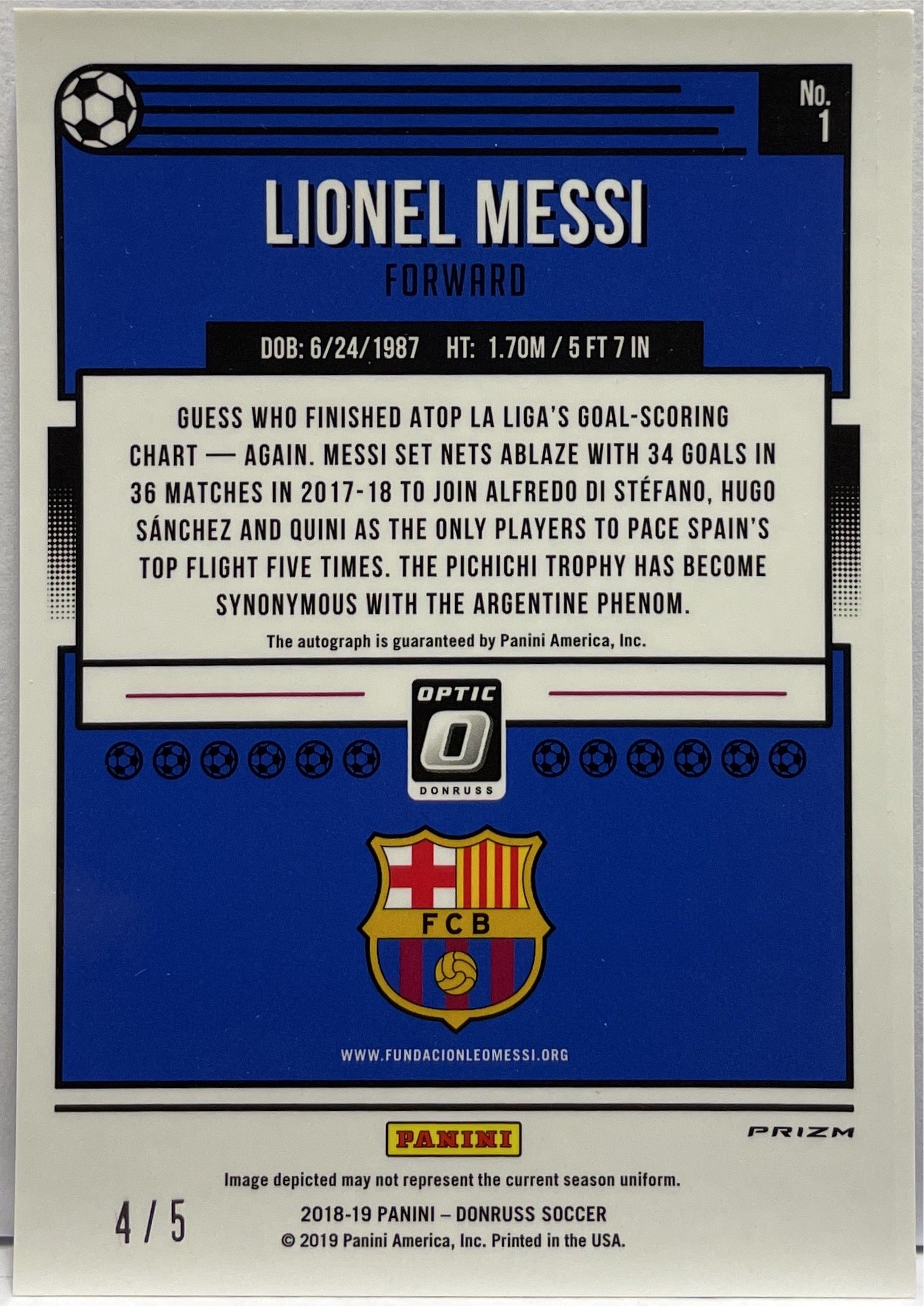 Lionel Messi 4/5 Autograph Optic Blue Panini Donruss Fifa 2018/19