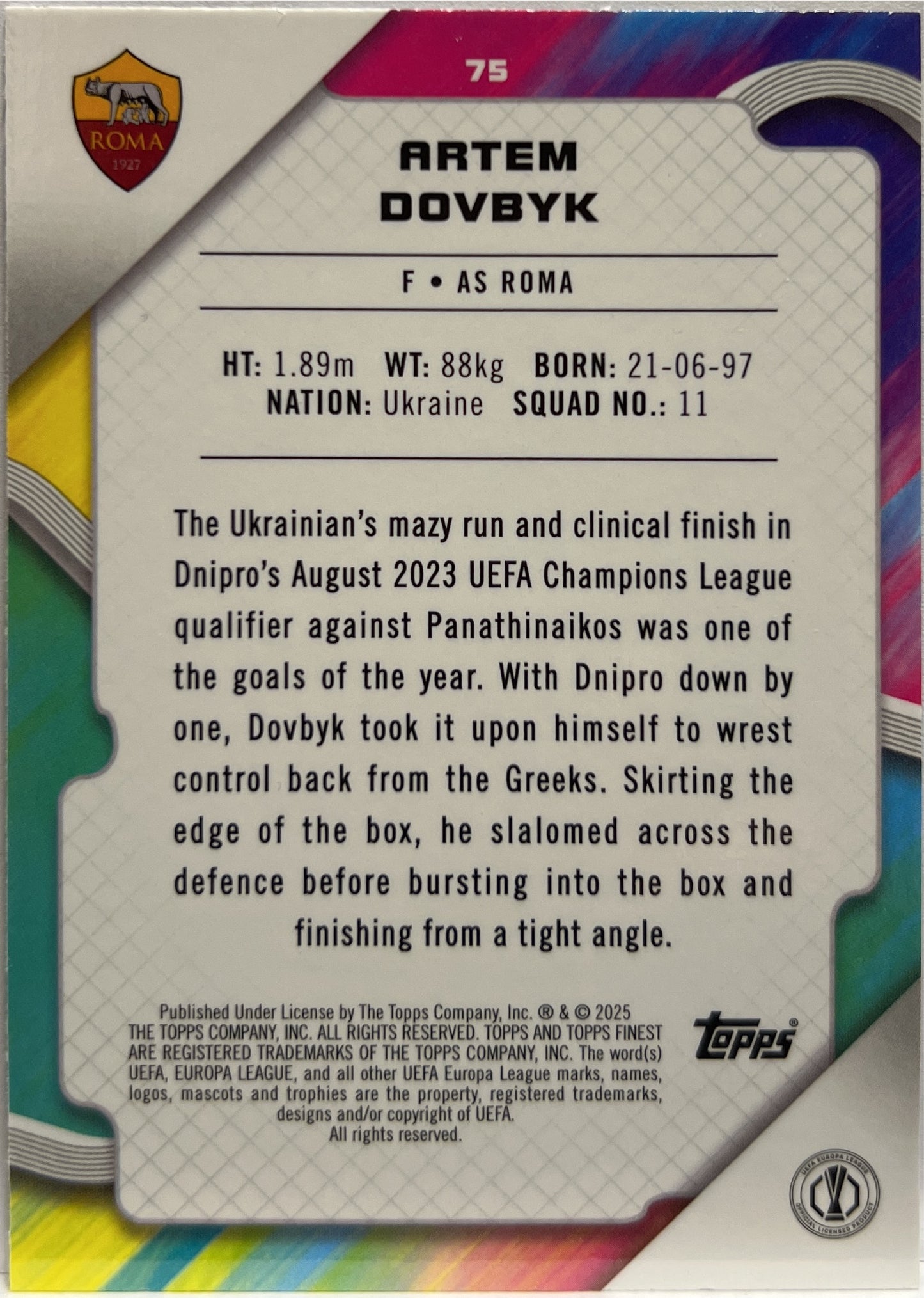 Artem Dovbyk 218/299 Purple Topps Finest UCC 2024/25