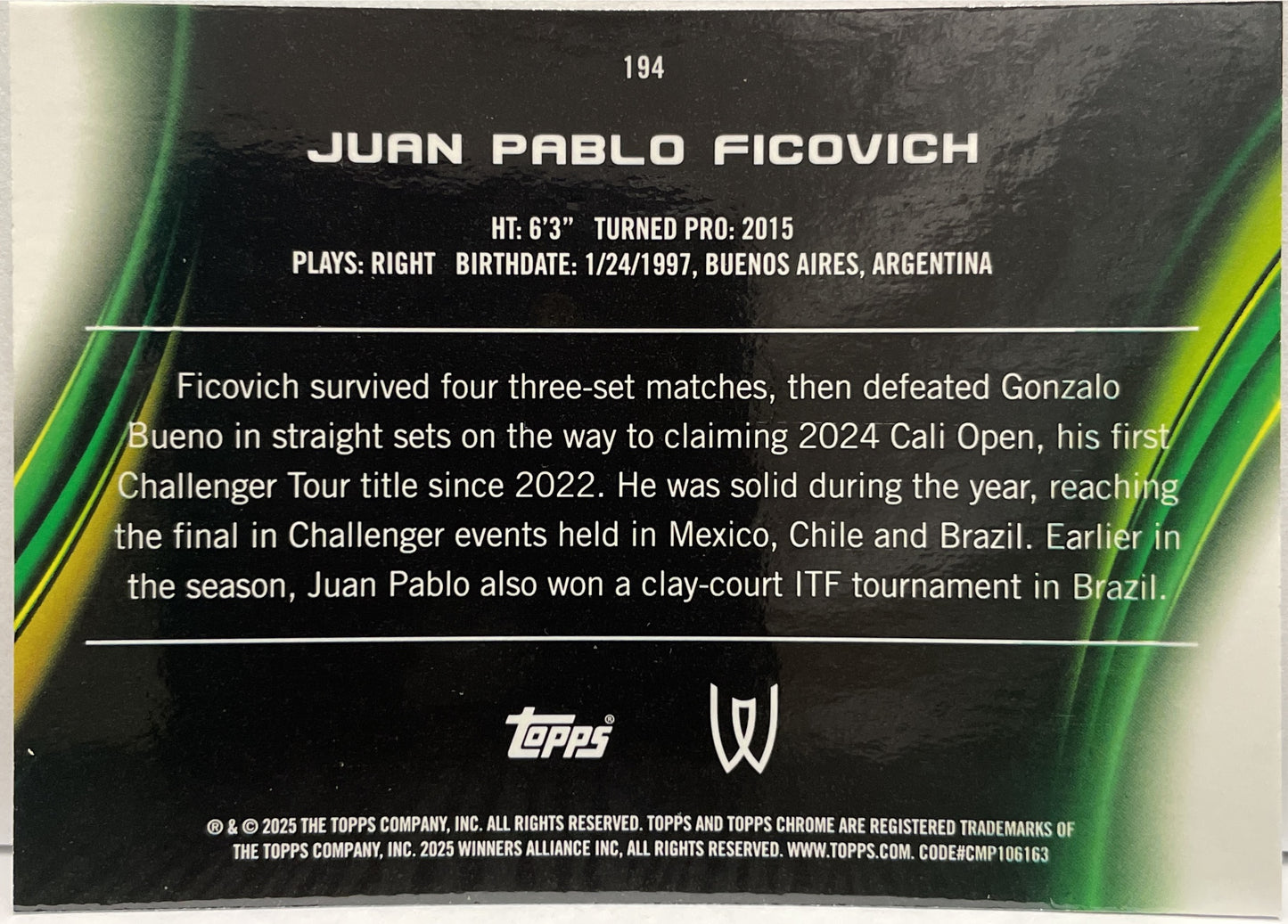 Juan Pablo Ficovich 49/199 Rookie Aqua Topps Chrome Tennis 2025