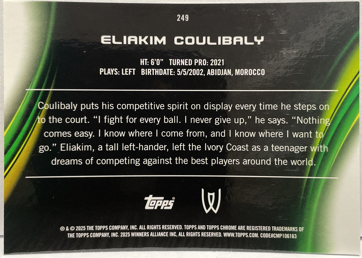 Eliakim Coulibaly 135/199 Rookie Aqua Topps Chrome Tennis 2025