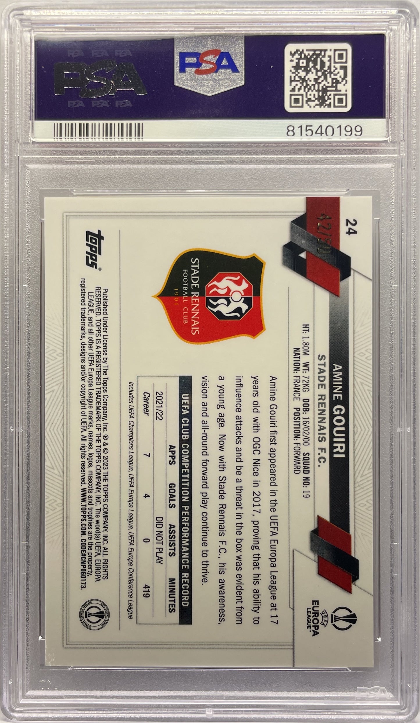 PSA 9 - Amine Gouiri 42/50 Rookie Gold Mini Diamond - Topps Chrome UCC 2022/23