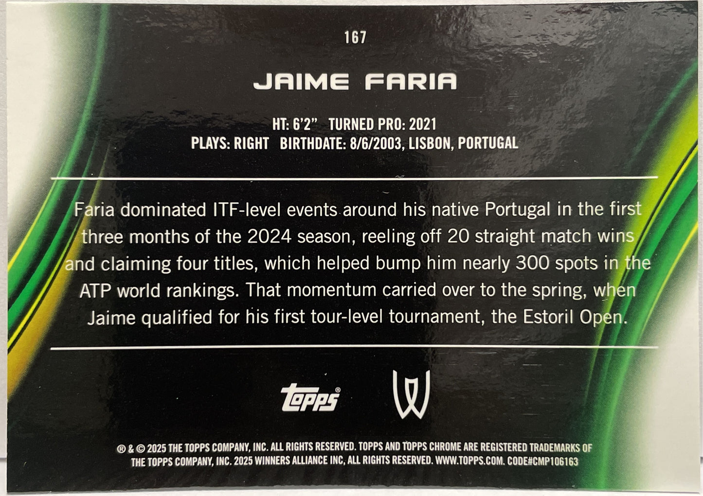 Jaime Faria 117/199 Rookie Aqua Topps Chrome Tennis 2025