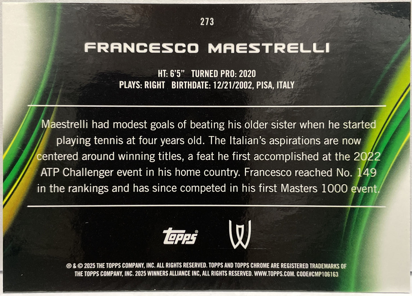 Francesco Maestrelli 186/199 Rookie Aqua Topps Chrome Tennis 2025