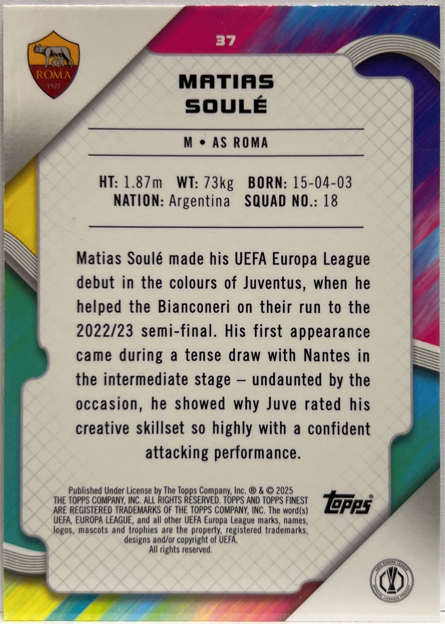 Matias Soule 54/275 Sky Blue Topps Finest UCC 2024/25