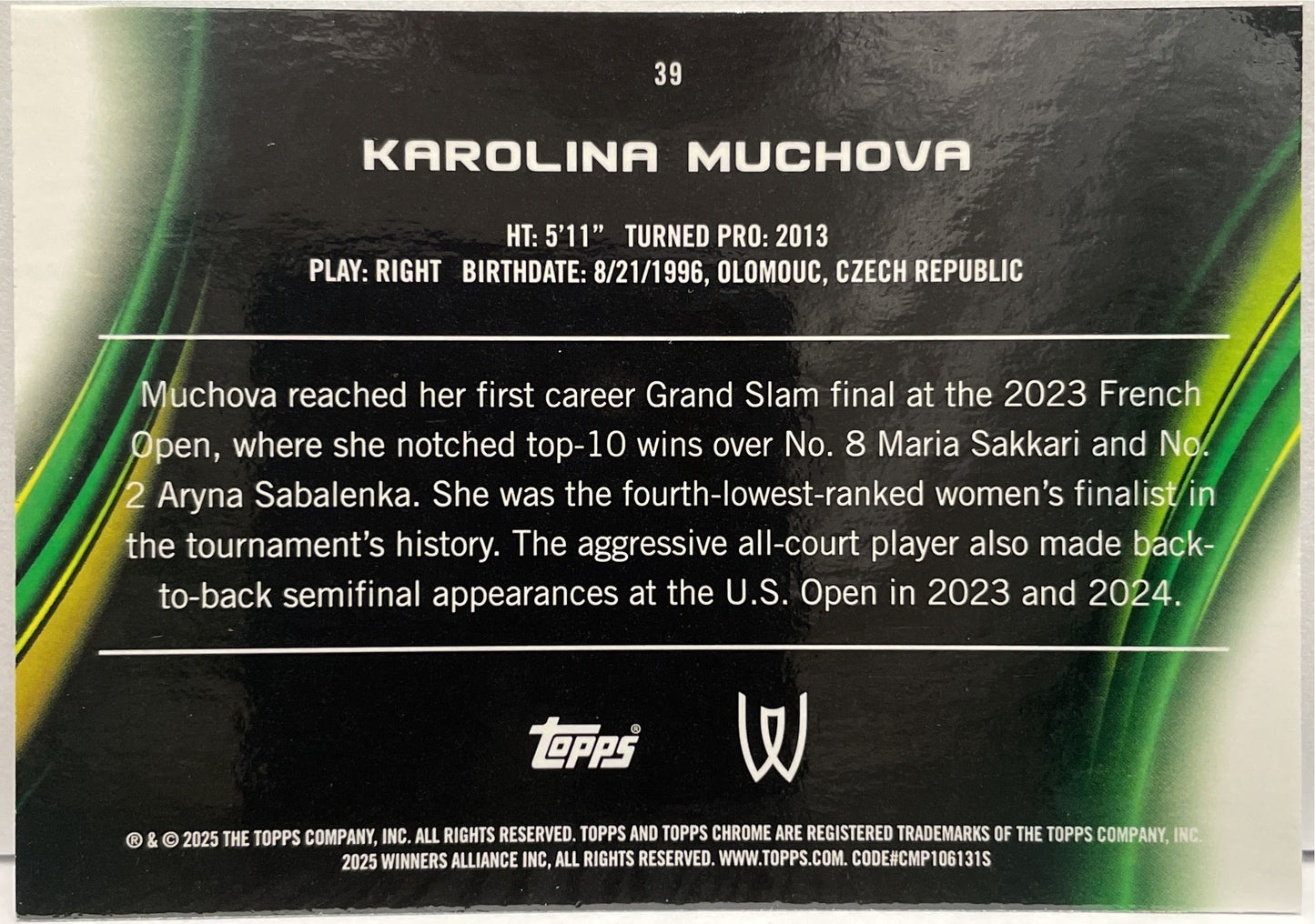 Karolina Muchova 135/199 Aqua Topps Chrome Tennis 2025