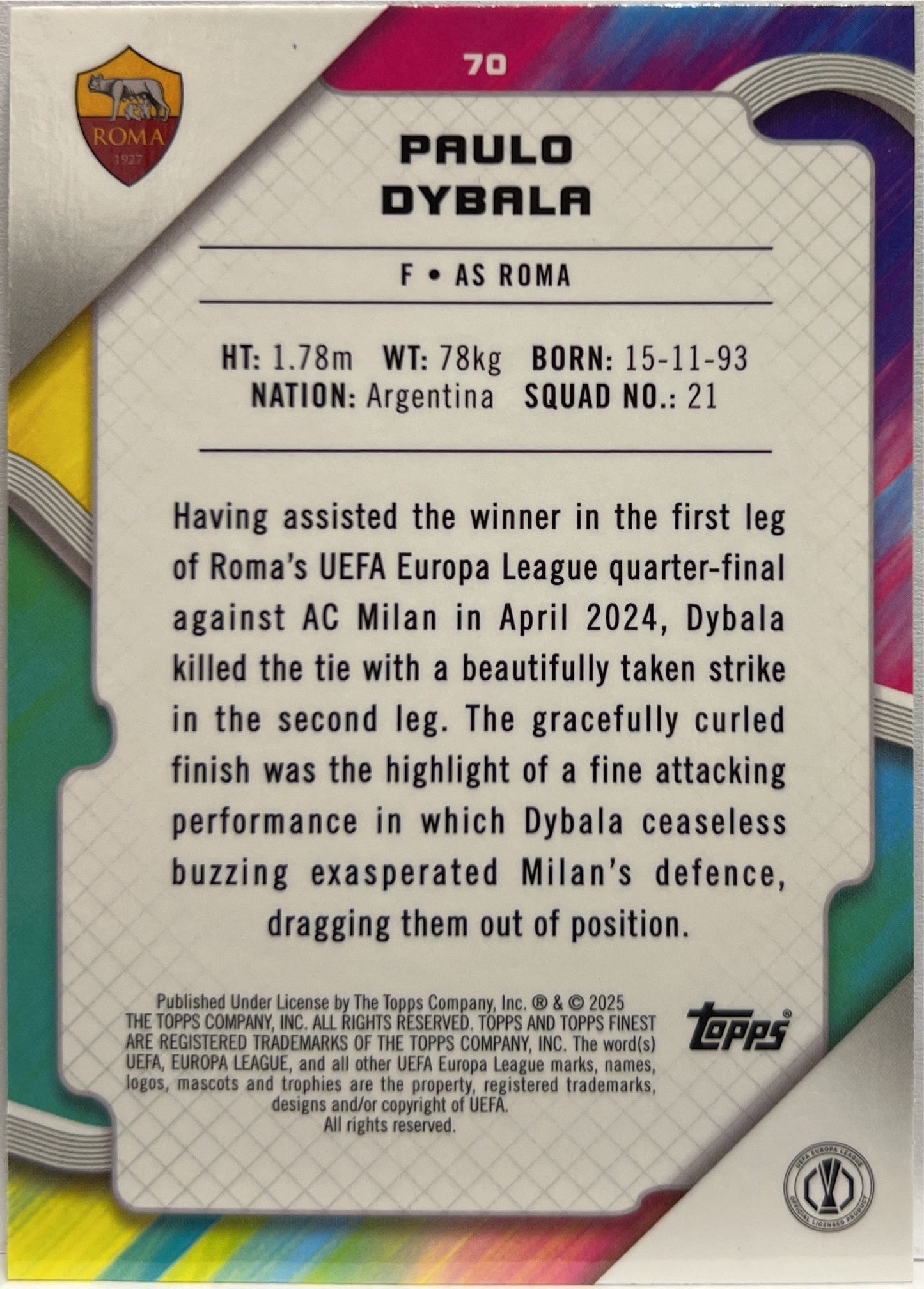 Paulo Dybala 53/75 Blue Topps Finest UCC 2024/25