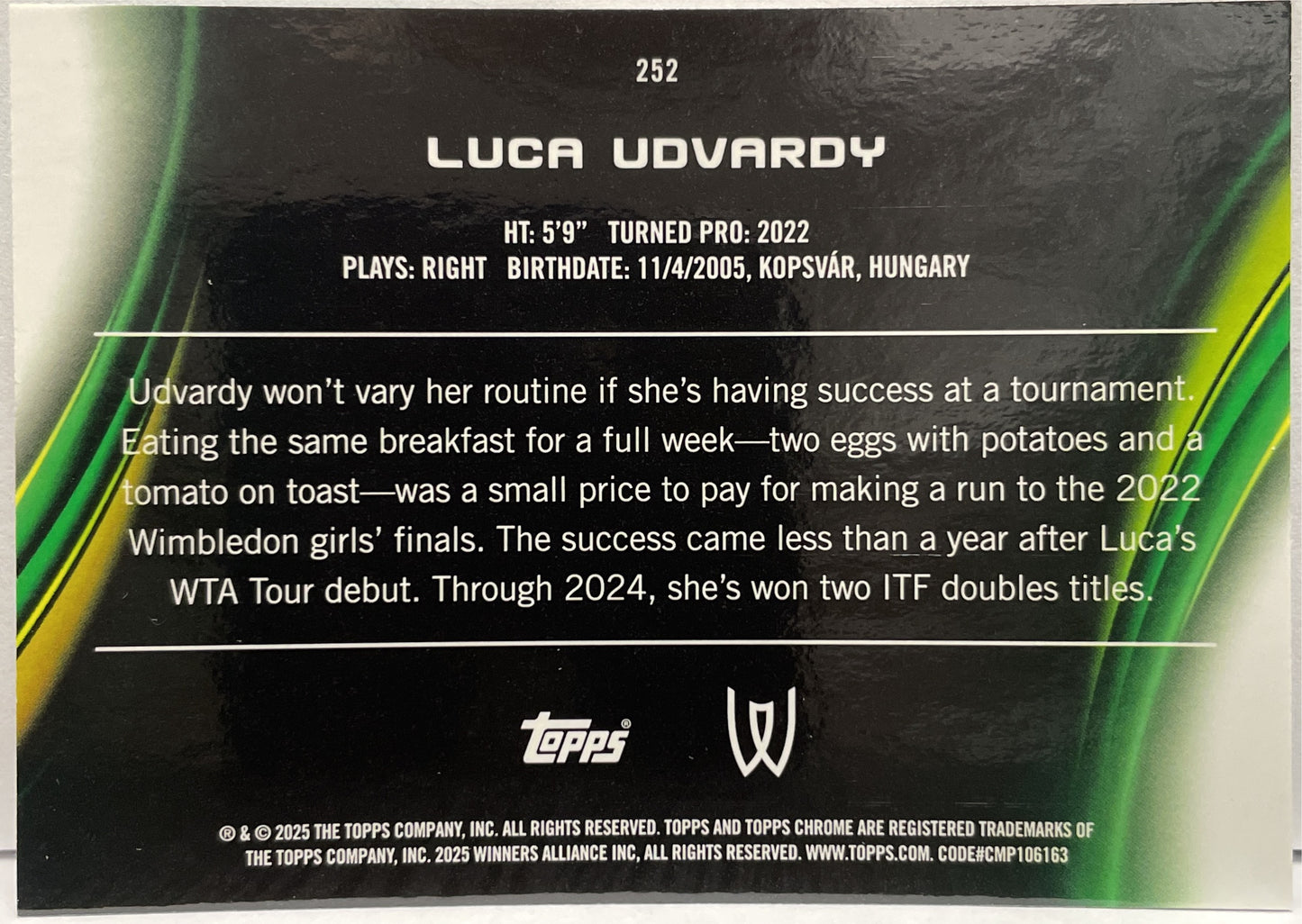 Luca Udvardy 76/199 Aqua Topps Chrome Tennis 2025