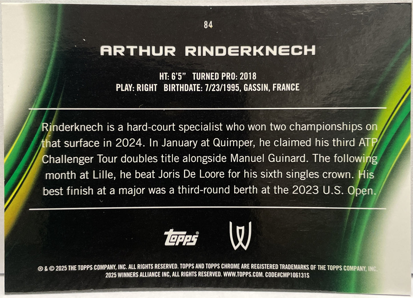 Arthur Rinderknech 115/199 Aqua Topps Chrome Tennis 2025
