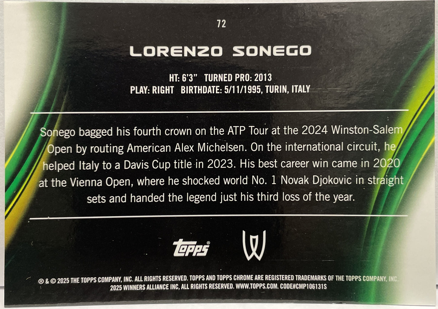 Lorenzo Sonego 72/199 Aqua Topps Chrome Tennis 2025