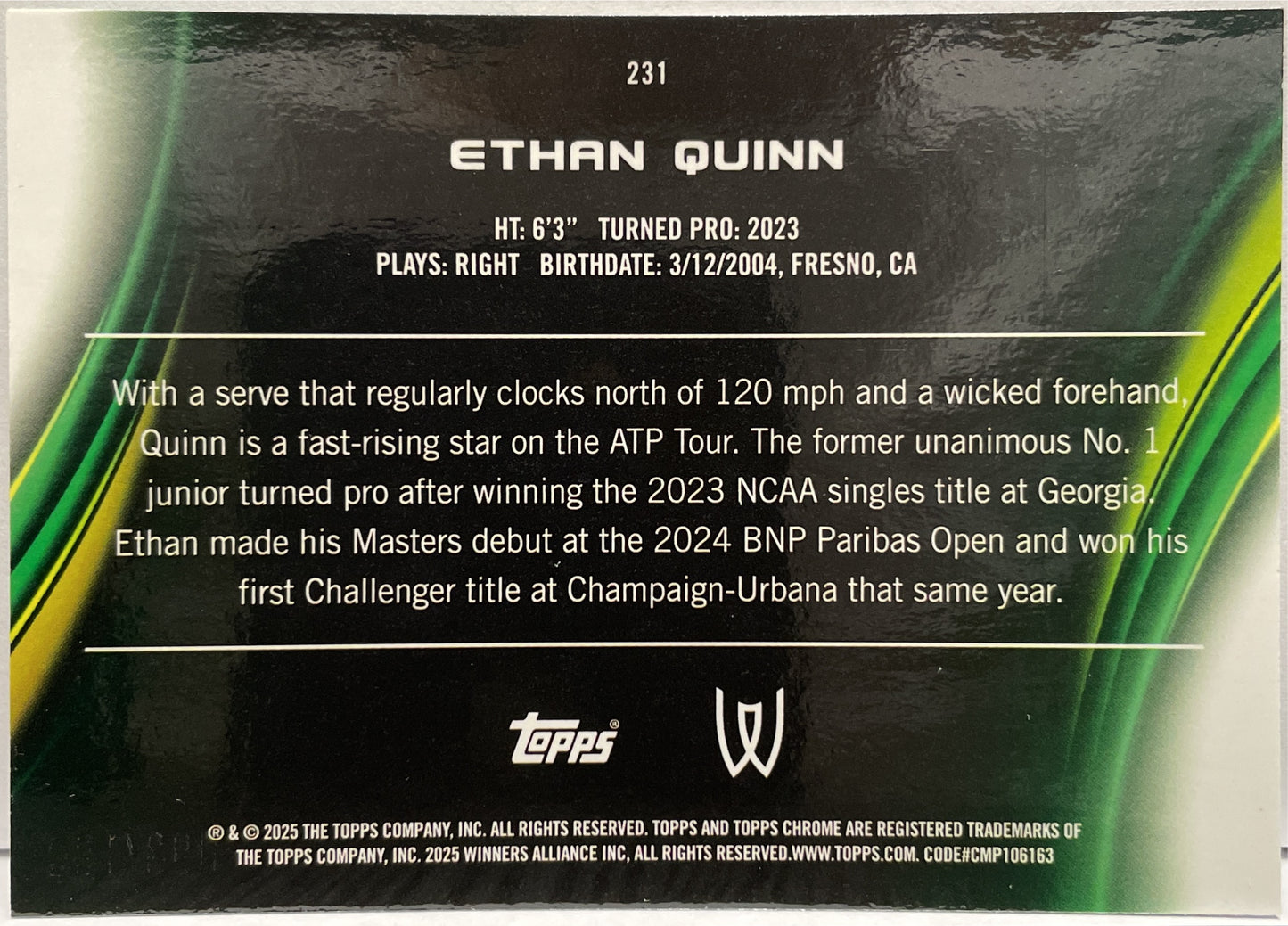 Ethan Quinn 45/199 Aqua Topps Chrome Tennis 2025