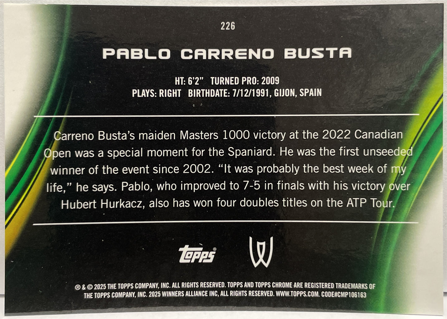 Pablo Carreno Busta 101/199 Aqua Topps Chrome Tennis 2025