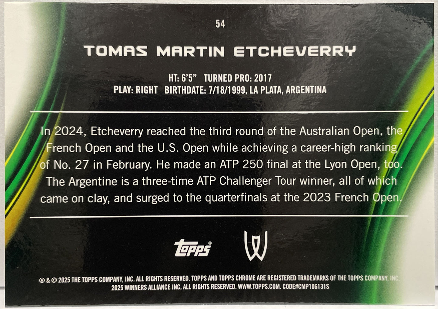 Tomas Martin Etcheverry 150/199 Aqua Topps Chrome Tennis 2025