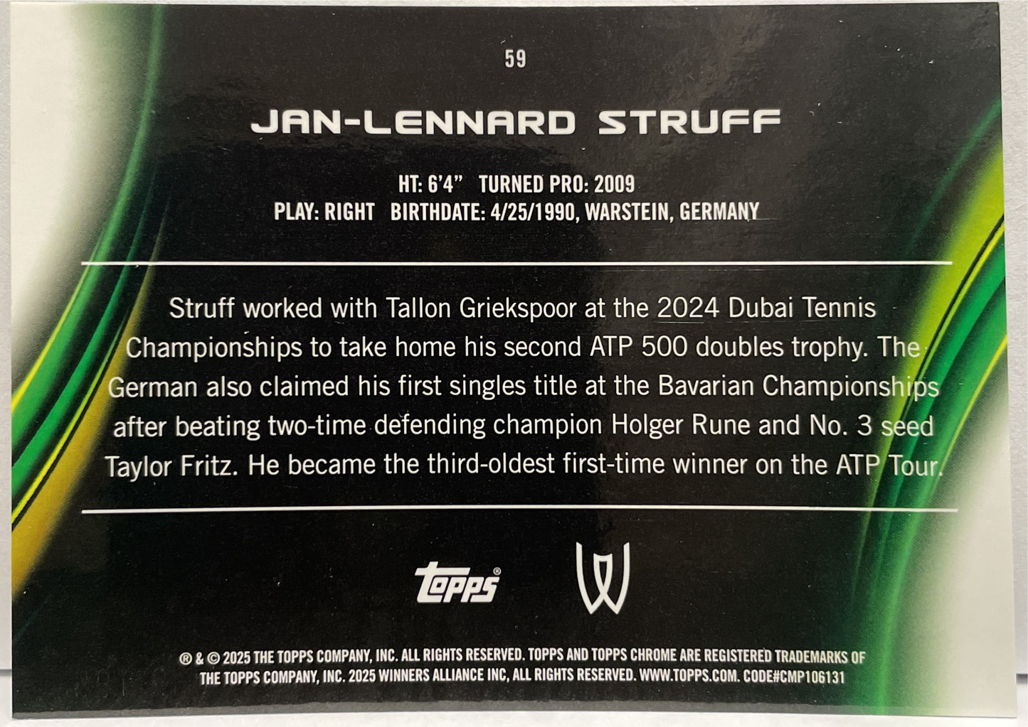 Jan Lennard Struff 185/199 Aqua Topps Chrome Tennis 2025