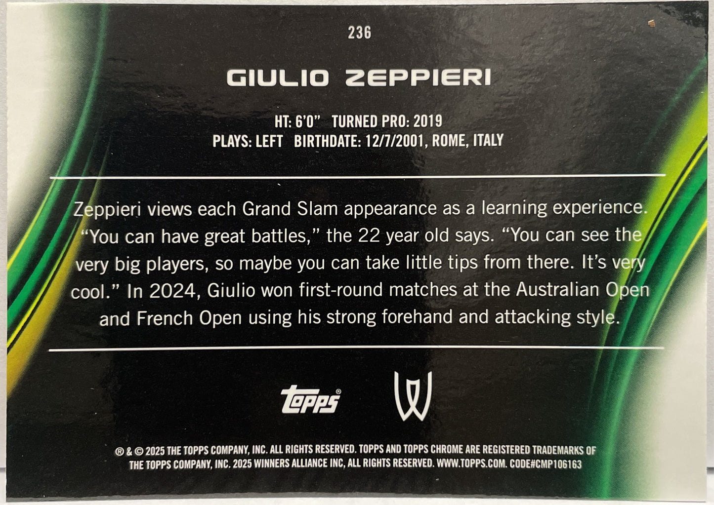 Giulio Zeppieri 75/199 Aqua Topps Chrome Tennis 2025