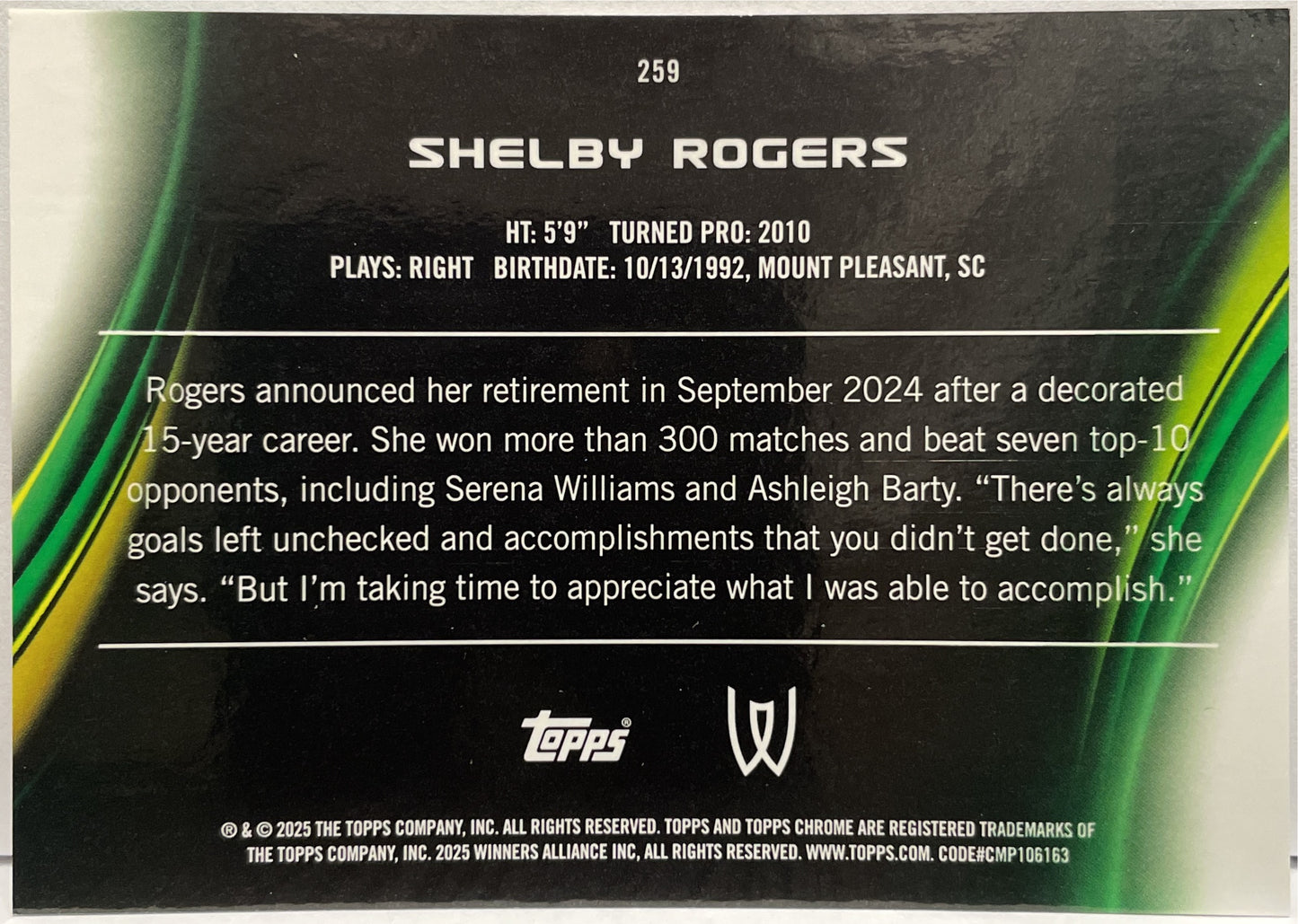 Shelby Rogers 2/199 Aqua Topps Chrome Tennis 2025