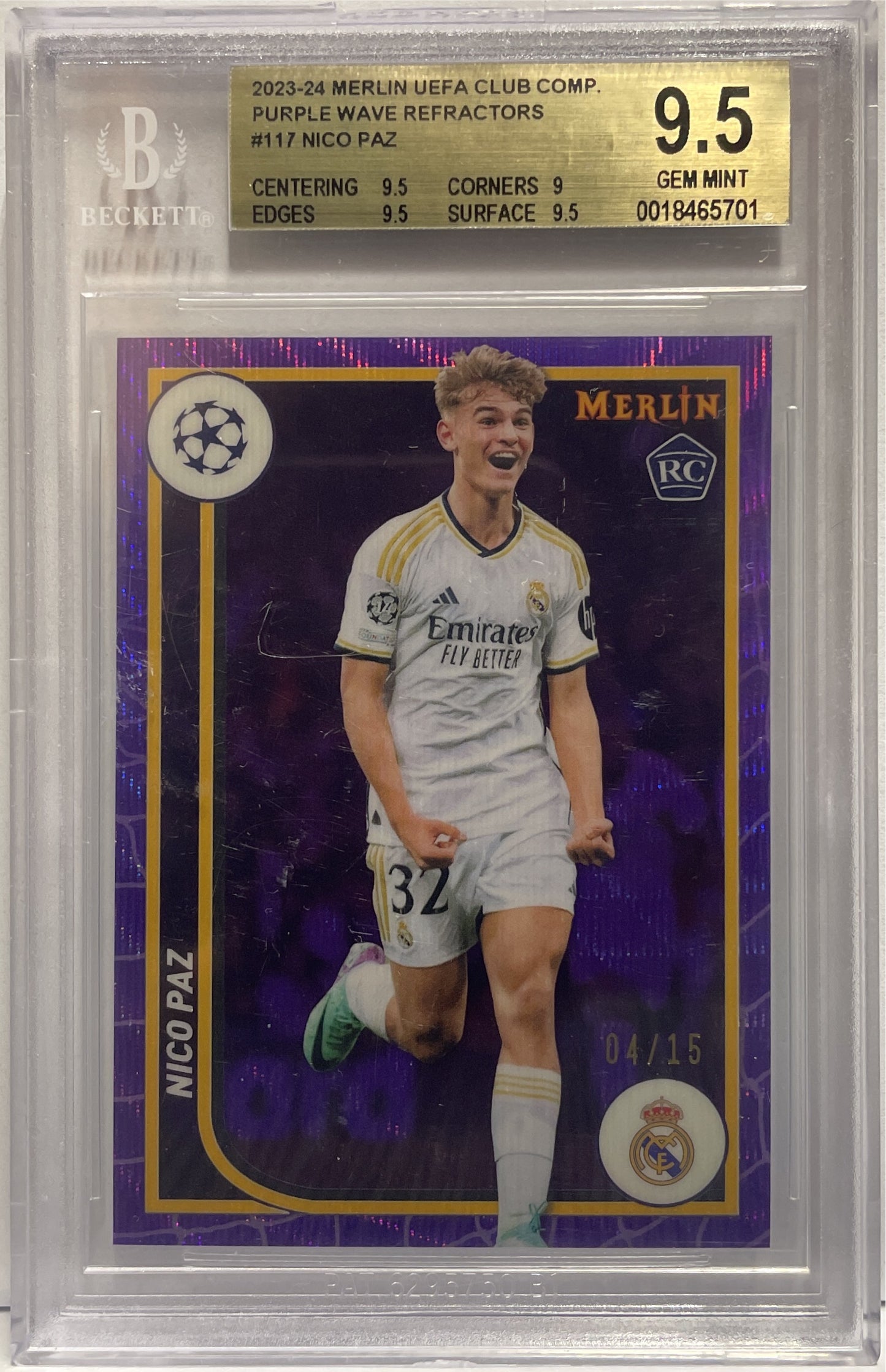 Nico Paz 4/15 Rookie Purple Wave Topps Chrome Merlin 2023/24 Beckett 9.5
