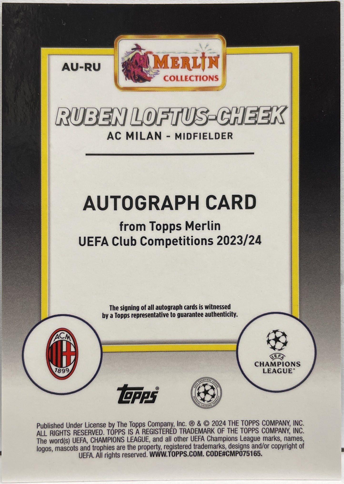 Ruben Loftus Cheek 195/199 Autograph Aqua Topps Chrome Merlin UCC 2023/24