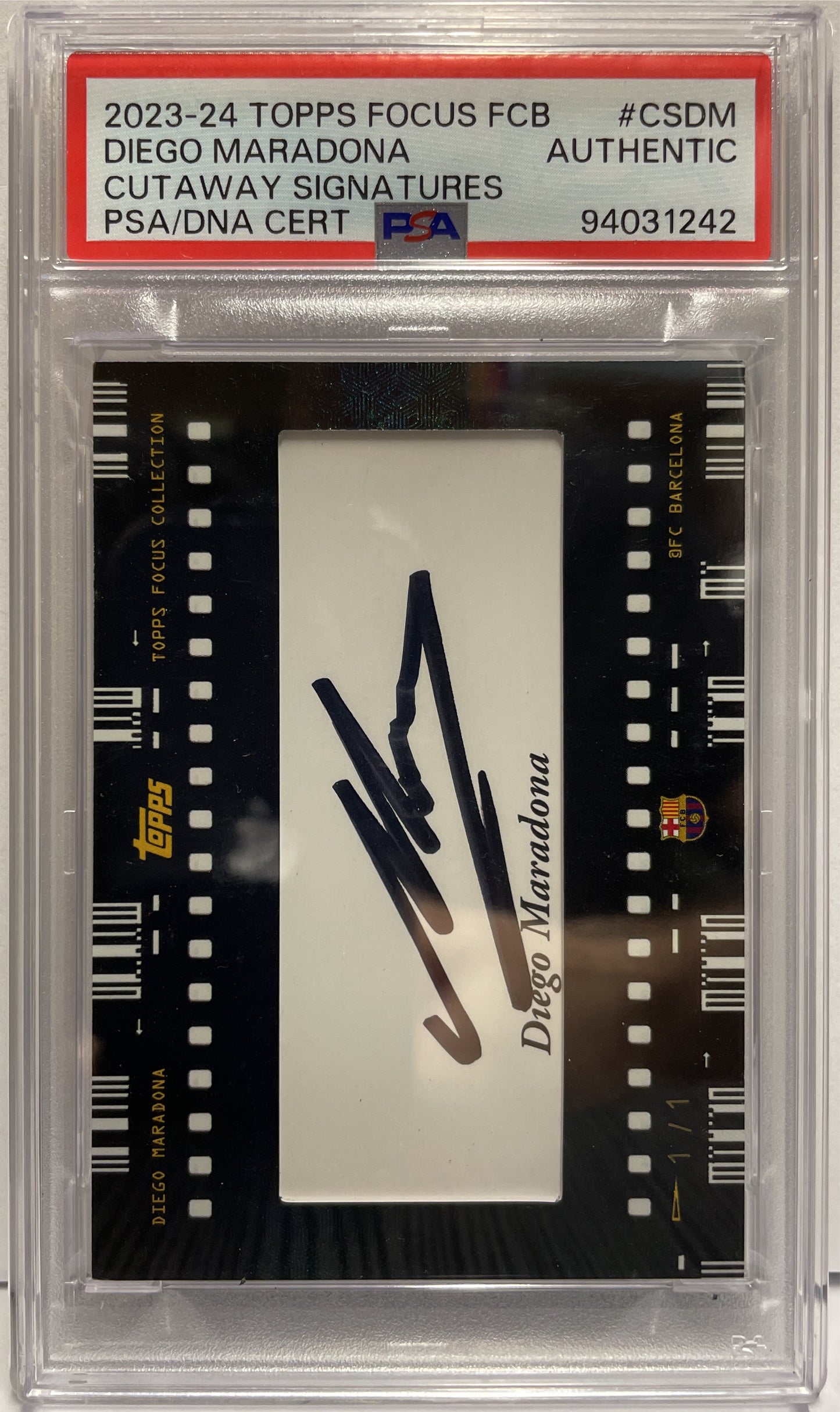 Diego Maradona 1/1 Autograph On Card Cutaway Signatures Topps Focus FC Barcelona 2023/24 PSA Authentic