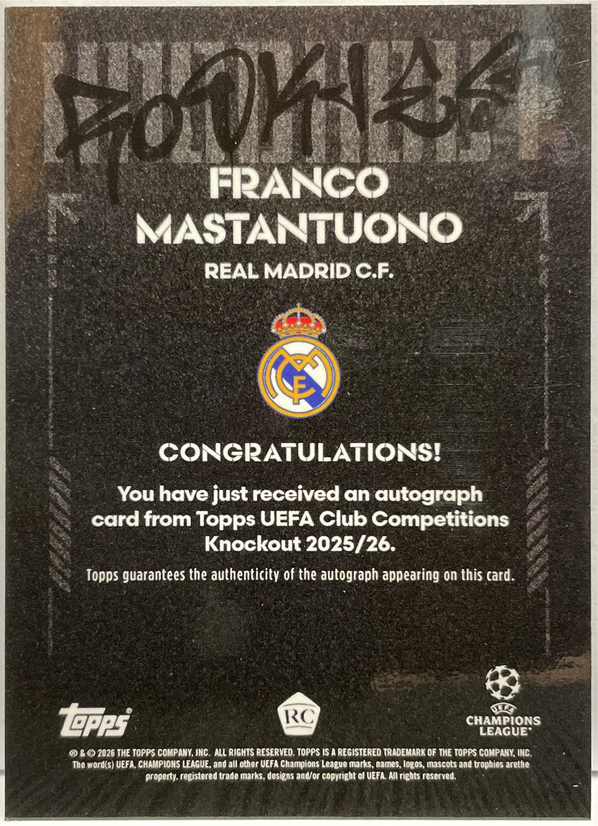 Franco Mastantuono 10/10 Rookie Autograph Topps Knockout 2025/26
