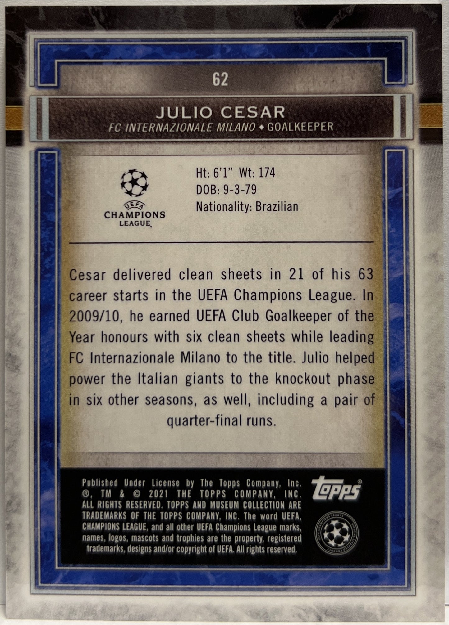 Julio Cesar 11/50 Gold Topps Museum 2020/21