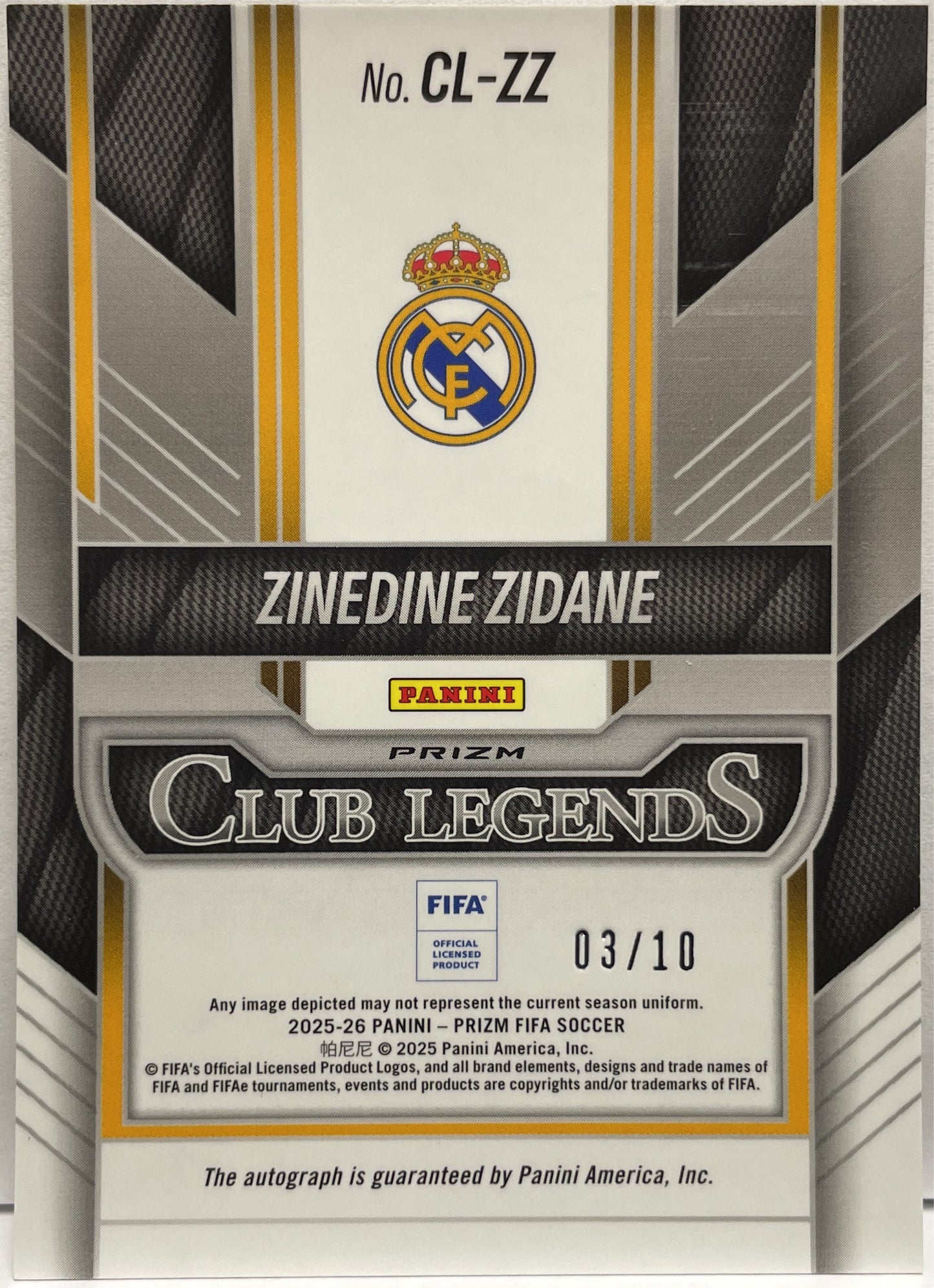 Zinedine Zidane 3/10 Autograph Club Legends Gold Panini Prizm Fifa 2025/26