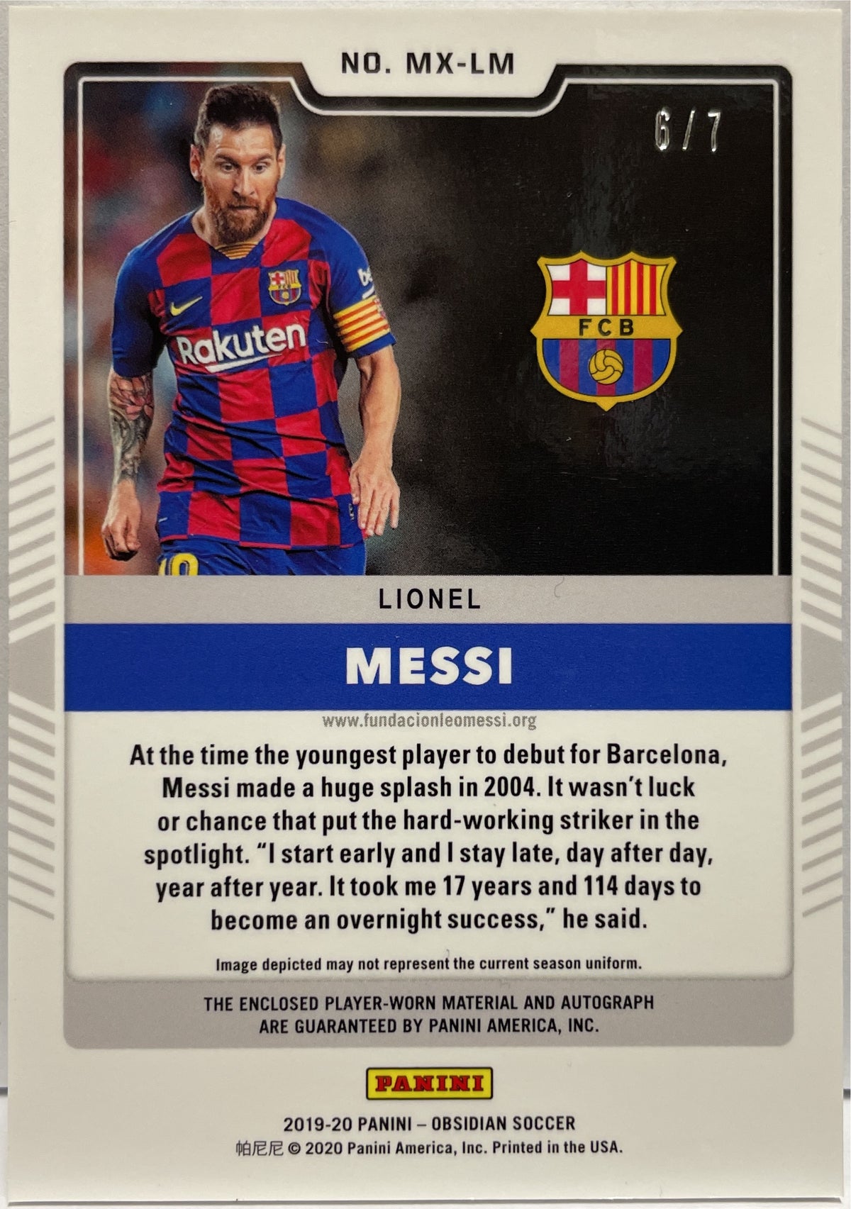 Lionel Messi 6/7 Patch Worn Autograph Electric Etch Green Panini Obsidian 2019/20