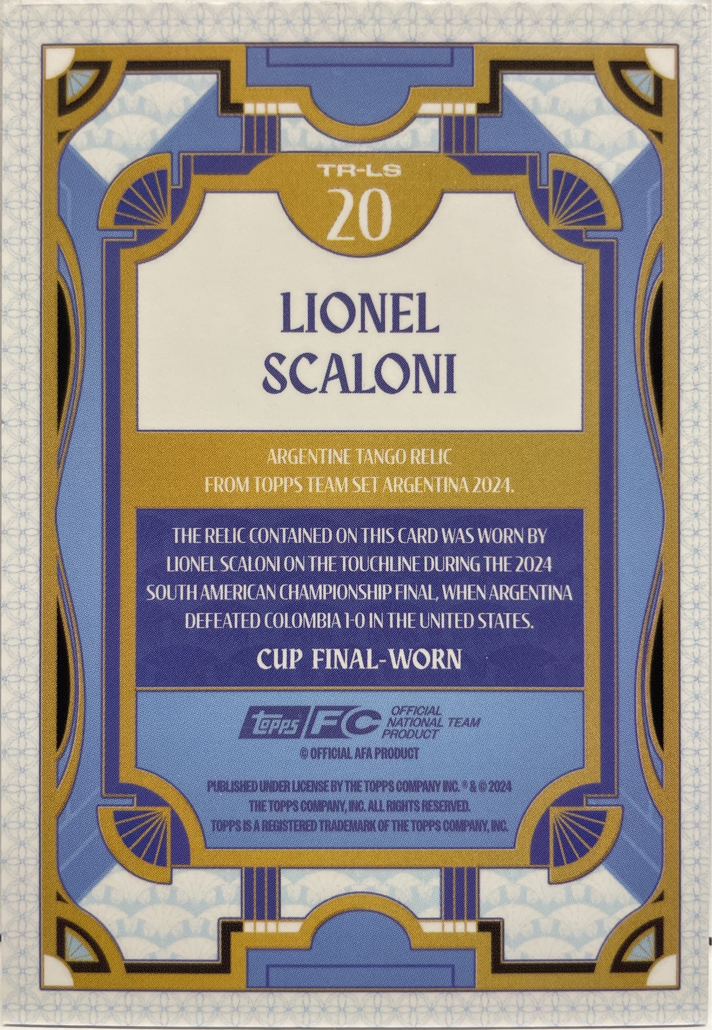 Lionel Scaloni 36/99 Patch Cup Final Tango Relic Topps Argentina Team Set 2024/25