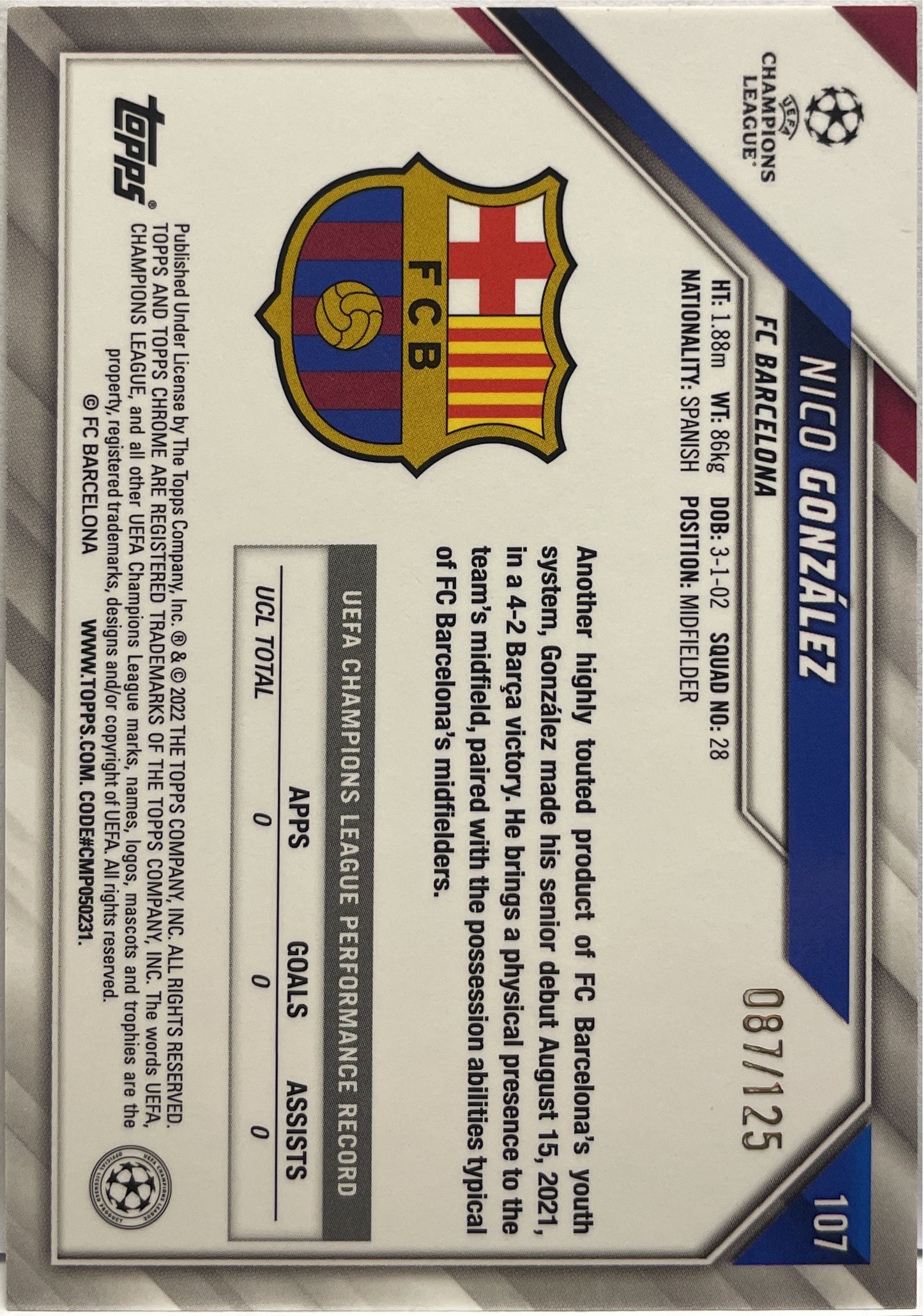 Nico Gonzalez 87/125 Rookie Topps Chrome UCL 2021/22