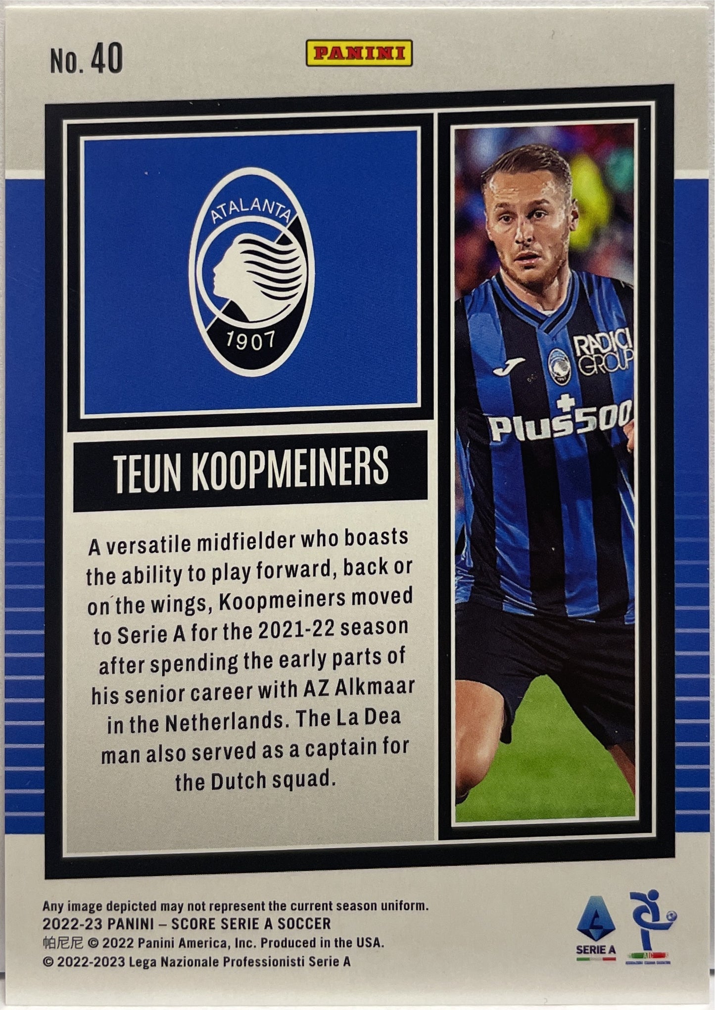 Teun Koopmeiners 13/15 Purple Laser Panini Score Serie A 2022/23