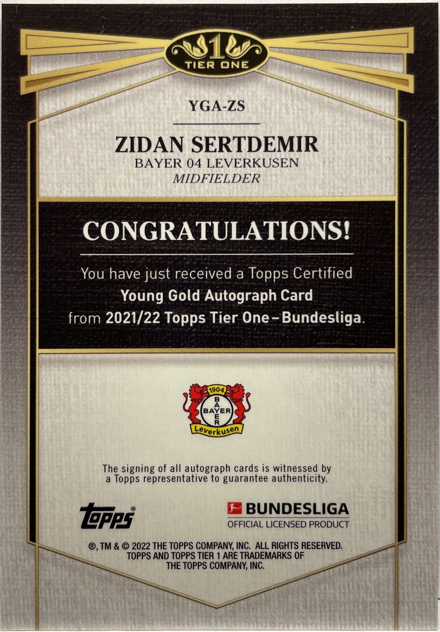 Zidan Sertdemir 21/75 Rookie Autograph Young Gold Topps Tier 1 Bundesliga 2021/22