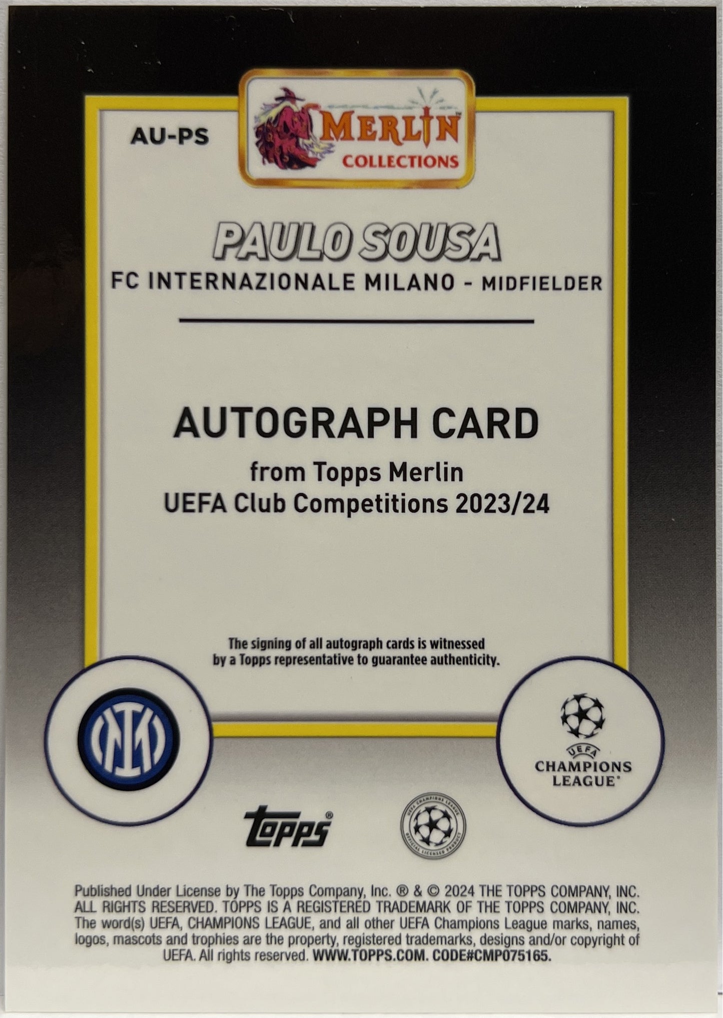 Paulo Sousa Autograph Topps Chrome Merlin 2023/24