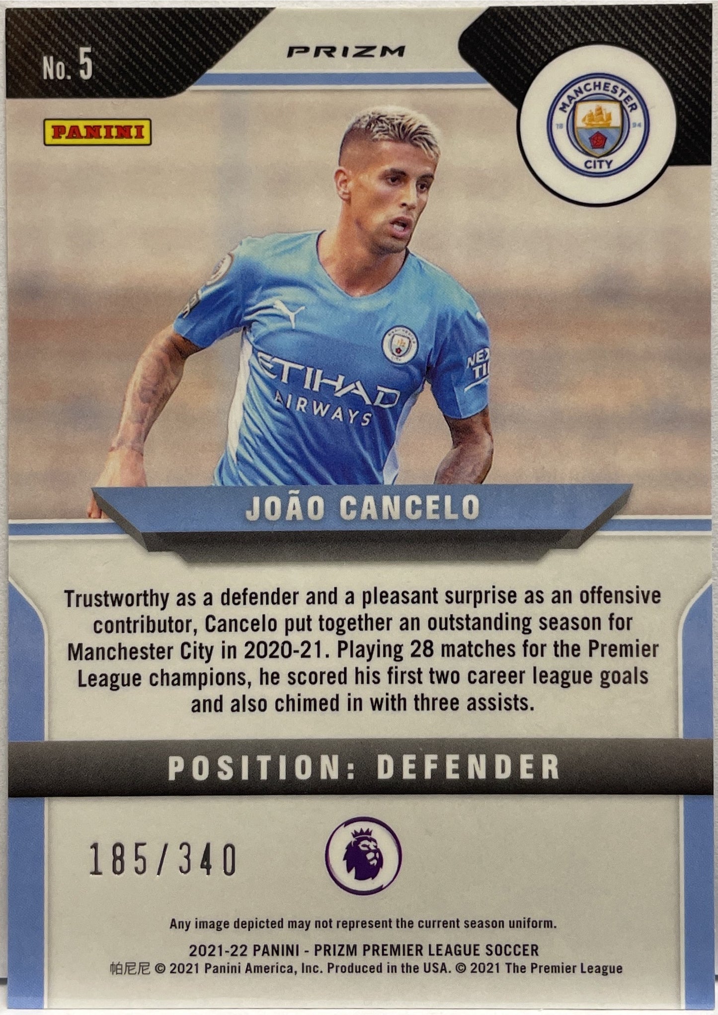 Joao Cancelo 185/340 Blue Panini Prizm Premier League 2021/22