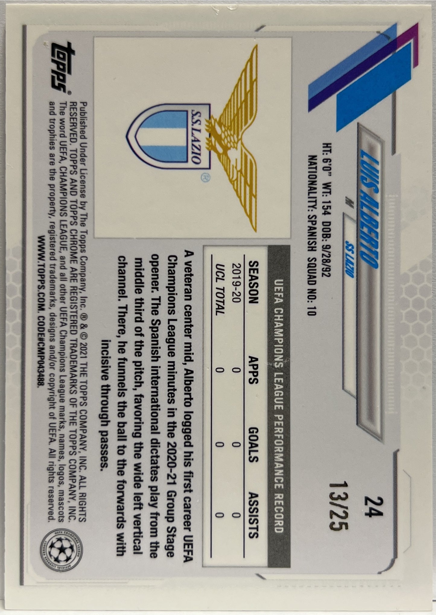 Luis Alberto 13/25 Orange Topps Chrome UCL 2020/21