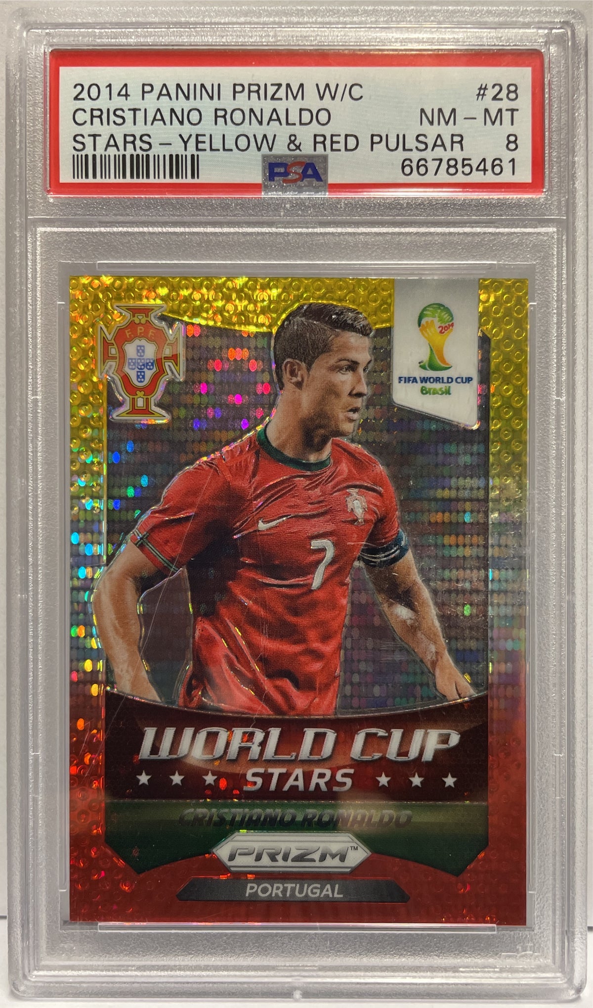 Cristiano Ronaldo Stars Yellow Red Pulsar Panini Prizm World Cup 2014 PSA 8