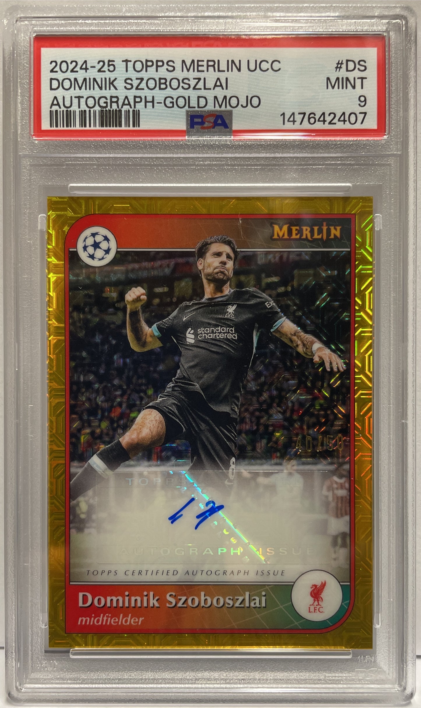 Dominik Szoboszlai 10/50 Autograph Gold Mojo Topps Chrome Merlin 2024/25 PSA 9