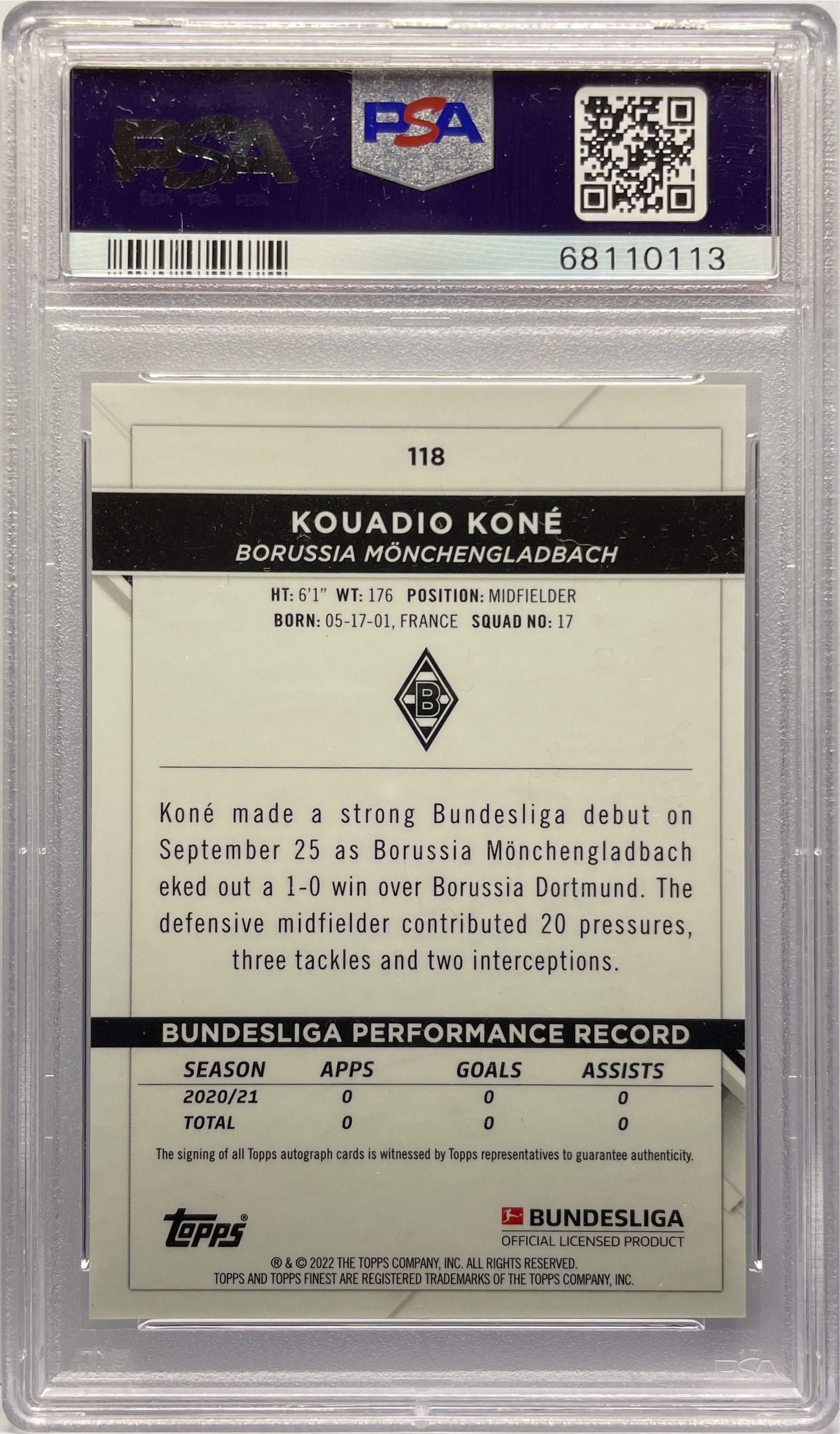 PSA 9 - Kouadio Kone Rookie Autograph - Topps Finest Bundesliga 2021/22