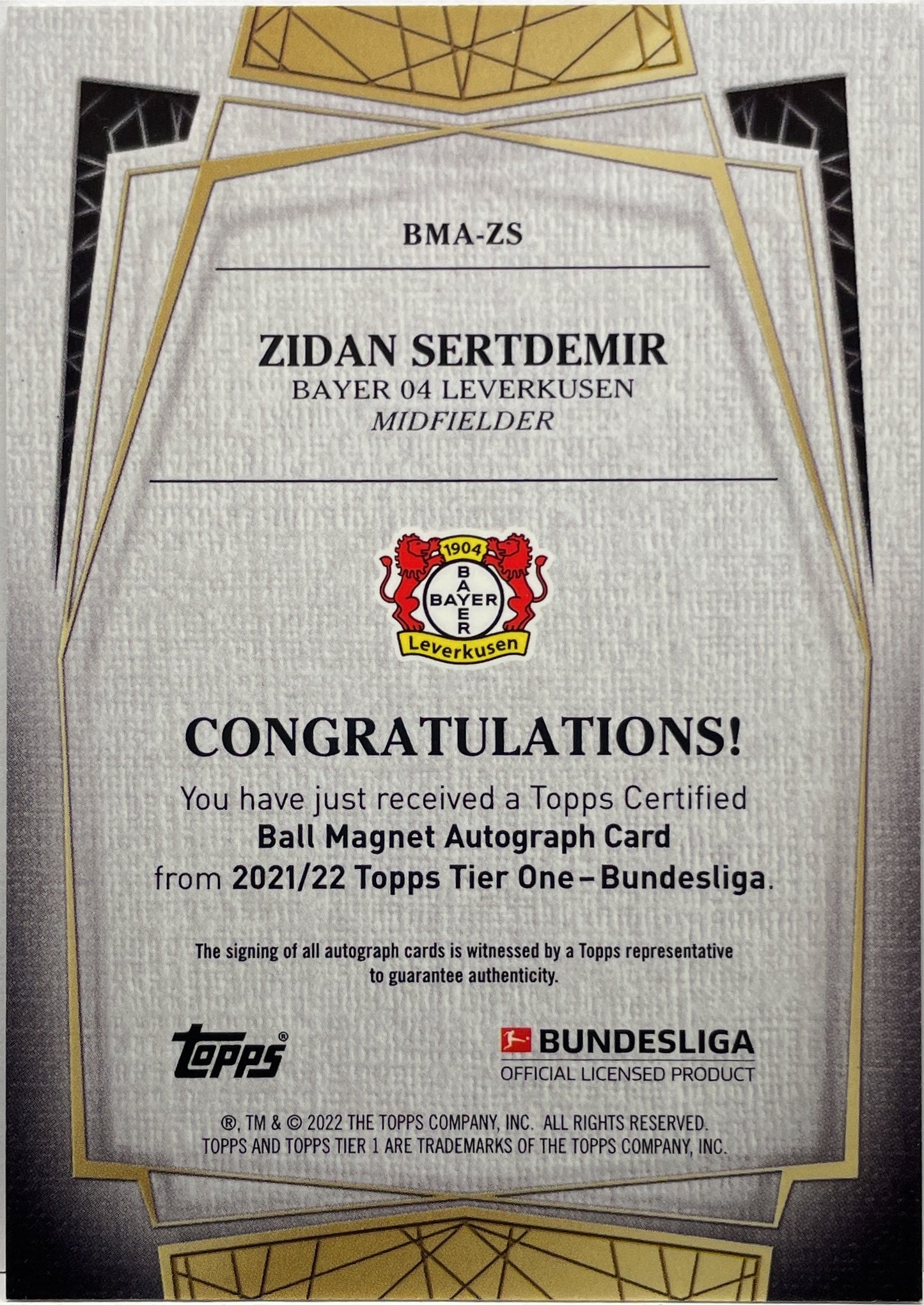 Zidan Sertdemir 36/75 Rookie Autograph Topps Tier 1 Bundesliga 2021/22