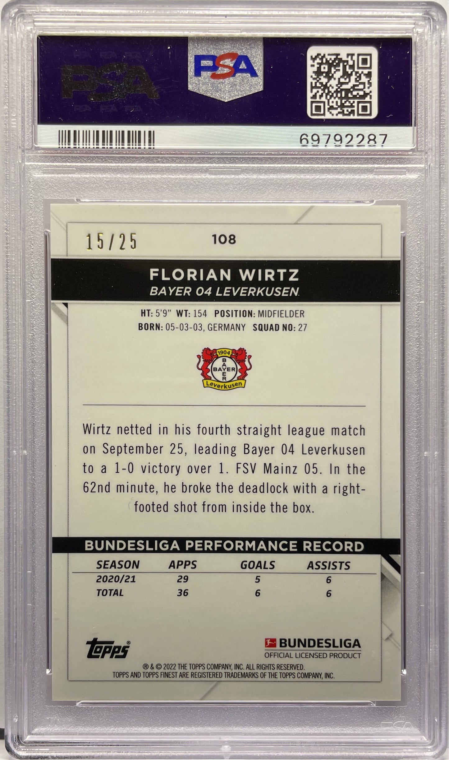 PSA 8 - Florian Wirtz 15/25 Orange - Topps Finest Bundesliga 2021/22