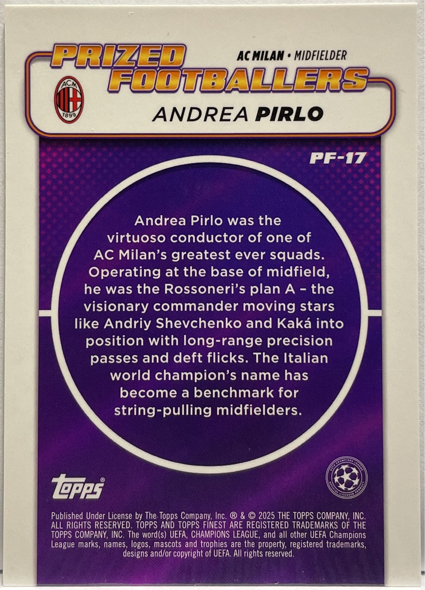 Andrea Pirlo 41/99 Prized Footballers Green Topps Finest UCC 2024/25
