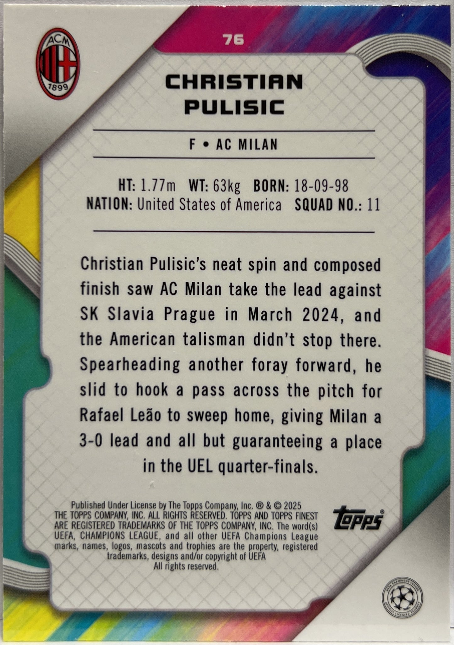 Christian Pulisic 130/250 Pink Raywave Topps Finest UCC 2024/25